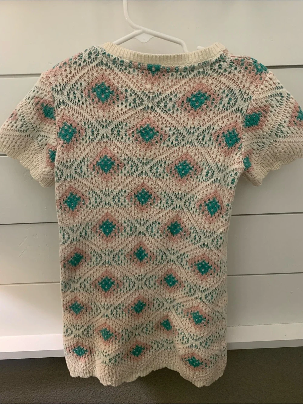 Adorable Girls Crochet Knit Dress with Teal and Pink Diamond Pattern 4T